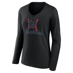 Miami Marlins Women's Personalized Name & Number Fastball Long Sleeve V-Neck T-Shirt - Black