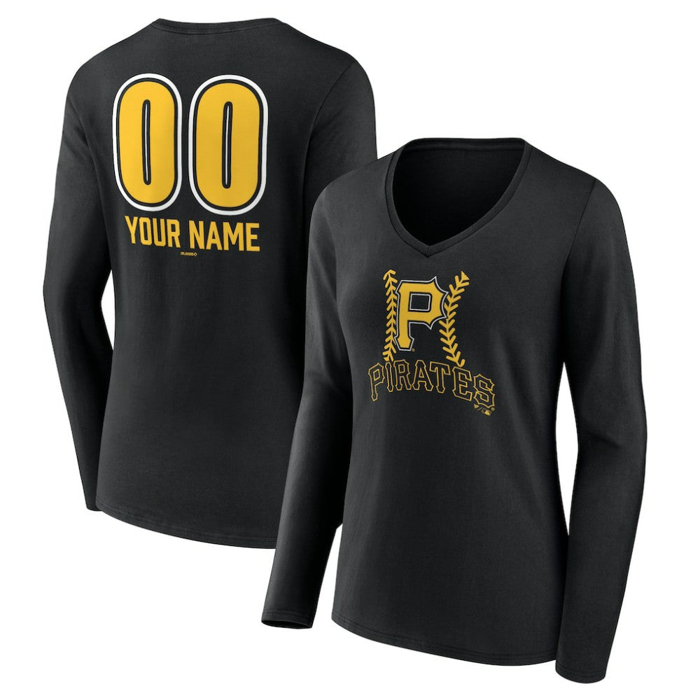 Pittsburgh Pirates Women's Personalized Name & Number Fastball Long Sleeve V-Neck T-Shirt - Black
