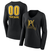 Pittsburgh Pirates Women's Personalized Name & Number Fastball Long Sleeve V-Neck T-Shirt - Black