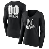 Los Angeles Dodgers Women's Personalized Name & Number Fastball Long Sleeve V-Neck T-Shirt - Black