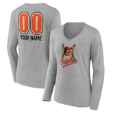 Baltimore Orioles Women's Personalized Name & Number Fastball Long Sleeve V-Neck T-Shirt - Gray