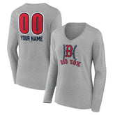 Boston Red Sox Women's Personalized Name & Number Fastball Long Sleeve V-Neck T-Shirt - Gray