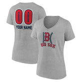 Boston Red Sox Women's Personalized Name & Number Fastball V-Neck T-Shirt - Gray