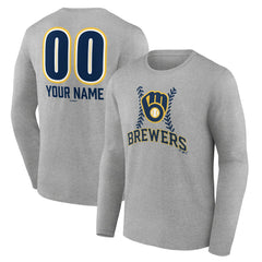 Milwaukee Brewers Personalized Name & Number Fastball Long Sleeve T-Shirt - Gray