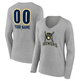 Milwaukee Brewers Women's Personalized Name & Number Fastball Long Sleeve V-Neck T-Shirt - Gray