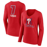 Trea Turner Philadelphia Phillies Women's Fastball Player Name & Number Long Sleeve V-Neck T-Shirt - Red