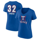 Evan Carter Texas Rangers Women's Fastball Player Name & Number V-Neck T-Shirt - Royal