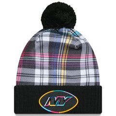 New York Jets New Era Youth 2024 NFL Crucial Catch Plaid Cuffed Pom Knit Hat - Black cheap