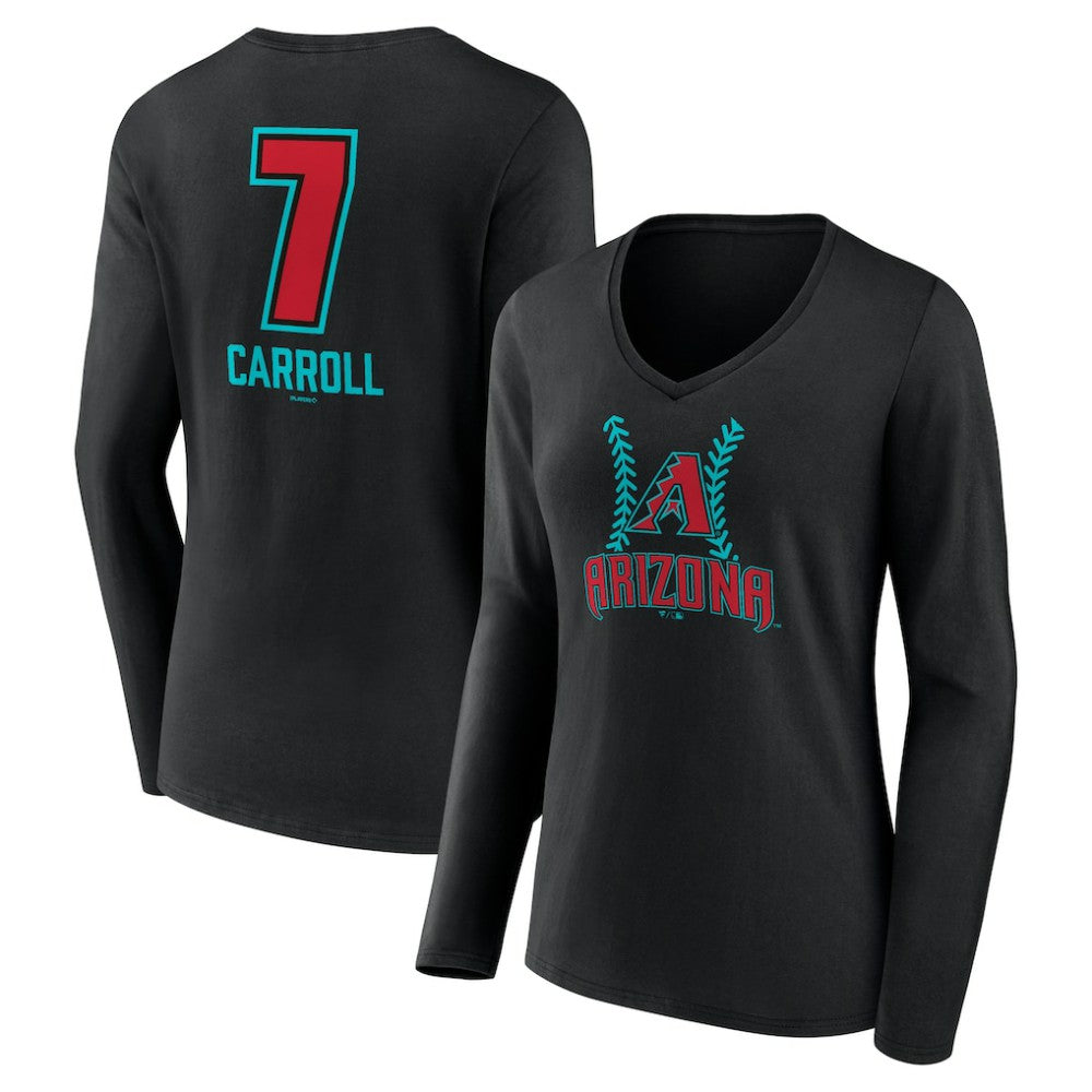 Corbin Carroll Arizona Diamondbacks Women's Name & Number Fastball V-Neck Long Sleeve T-Shirt - Black