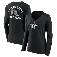 Dallas Stars Women's Personalized Name & Number Monochrome Long Sleeve V-Neck T-Shirt Black