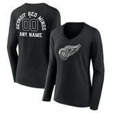 Detroit Red Wings Women's Personalized Name & Number Monochrome Long Sleeve V-Neck T-Shirt Black