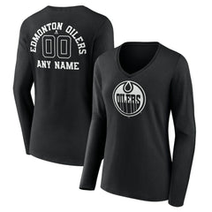 Edmonton Oilers Women's Personalized Name & Number Monochrome Long Sleeve V-Neck T-Shirt Black