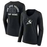 San Jose Sharks Women's Personalized Name & Number Monochrome Long Sleeve V-Neck T-Shirt Black