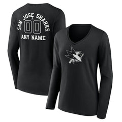 San Jose Sharks Women's Personalized Name & Number Monochrome Long Sleeve V-Neck T-Shirt Black