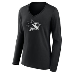 San Jose Sharks Women's Personalized Name & Number Monochrome Long Sleeve V-Neck T-Shirt Black