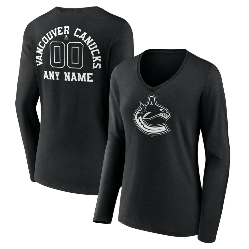 Vancouver Canucks Women's Personalized Name & Number Monochrome Long Sleeve V-Neck T-Shirt Black