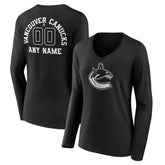Vancouver Canucks Women's Personalized Name & Number Monochrome Long Sleeve V-Neck T-Shirt Black