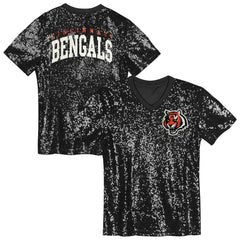 Cincinnati Bengals Girls Youth Wordmark Sequin V-Neck Top - Black cheap