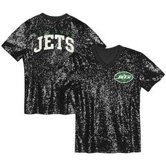 New York Jets Girls Youth Wordmark Sequin V-Neck Top - Black online