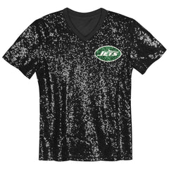 New York Jets Girls Youth Wordmark Sequin V-Neck Top - Black online