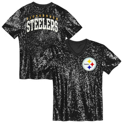 Pittsburgh Steelers Girls Youth Wordmark Sequin V-Neck Top - Black outlet
