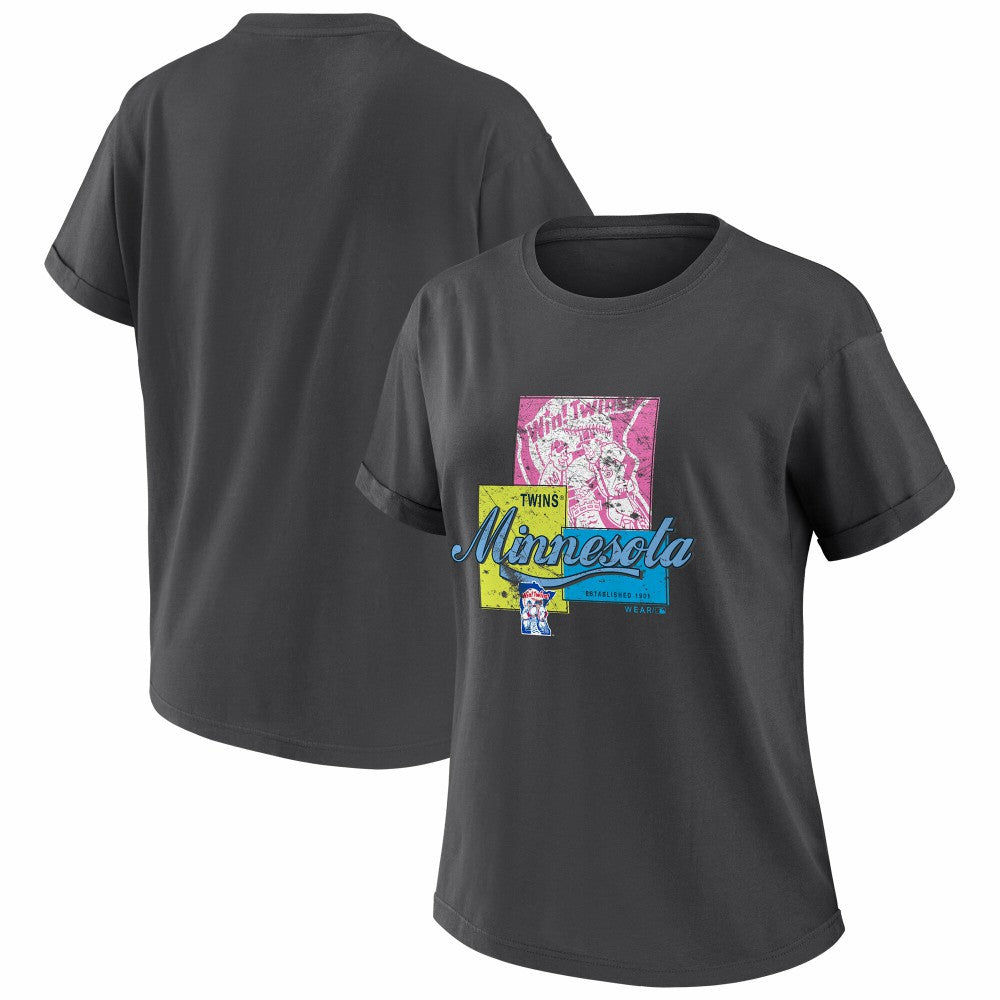 Minnesota Twins WEAR by Erin Andrews Women's Domestic Box Color Boyfriend T-Shirt - Charcoal