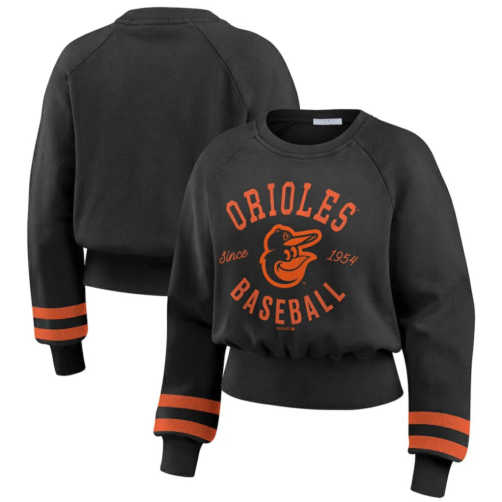 Baltimore Orioles WEAR by Erin Andrews Women's Vintage Washed Cropped Pullover Sweatshirt - Black