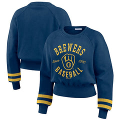 Milwaukee Brewers WEAR by Erin Andrews Women's Vintage Washed Cropped Pullover Sweatshirt - Navy