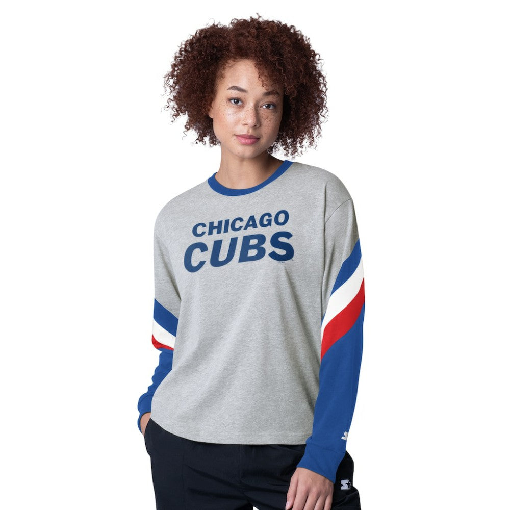 Chicago Cubs Starter Women's Triple A Fashion Color Block Long Sleeve Top - Heather Gray