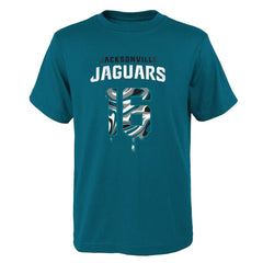 Trevor Lawrence Jacksonville Jaguars Youth Mainliner Drip Player Name & Number T-Shirt - Teal on sale