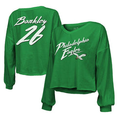 Saquon Barkley Philadelphia Eagles Majestic Threads Women's Name & Number Off-Shoulder Script Cropped Long Sleeve Relaxed V-Neck T-Shirt - Kelly Green cheap