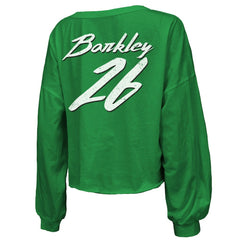 Saquon Barkley Philadelphia Eagles Majestic Threads Women's Name & Number Off-Shoulder Script Cropped Long Sleeve Relaxed V-Neck T-Shirt - Kelly Green cheap