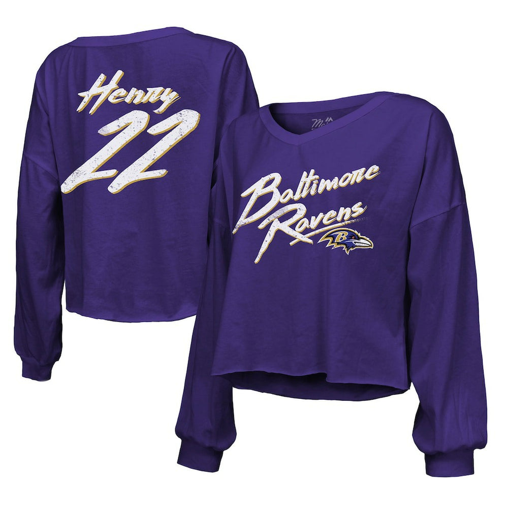 Derrick Henry Baltimore Ravens Majestic Threads Women's Name & Number Off-Shoulder Script Cropped Long Sleeve Relaxed V-Neck T-Shirt - Purple online