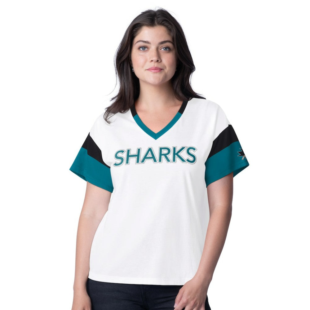San Jose Sharks G-III 4Her by Carl Banks Women's Rink Oversized Rhinestone V-Neck T-Shirt White