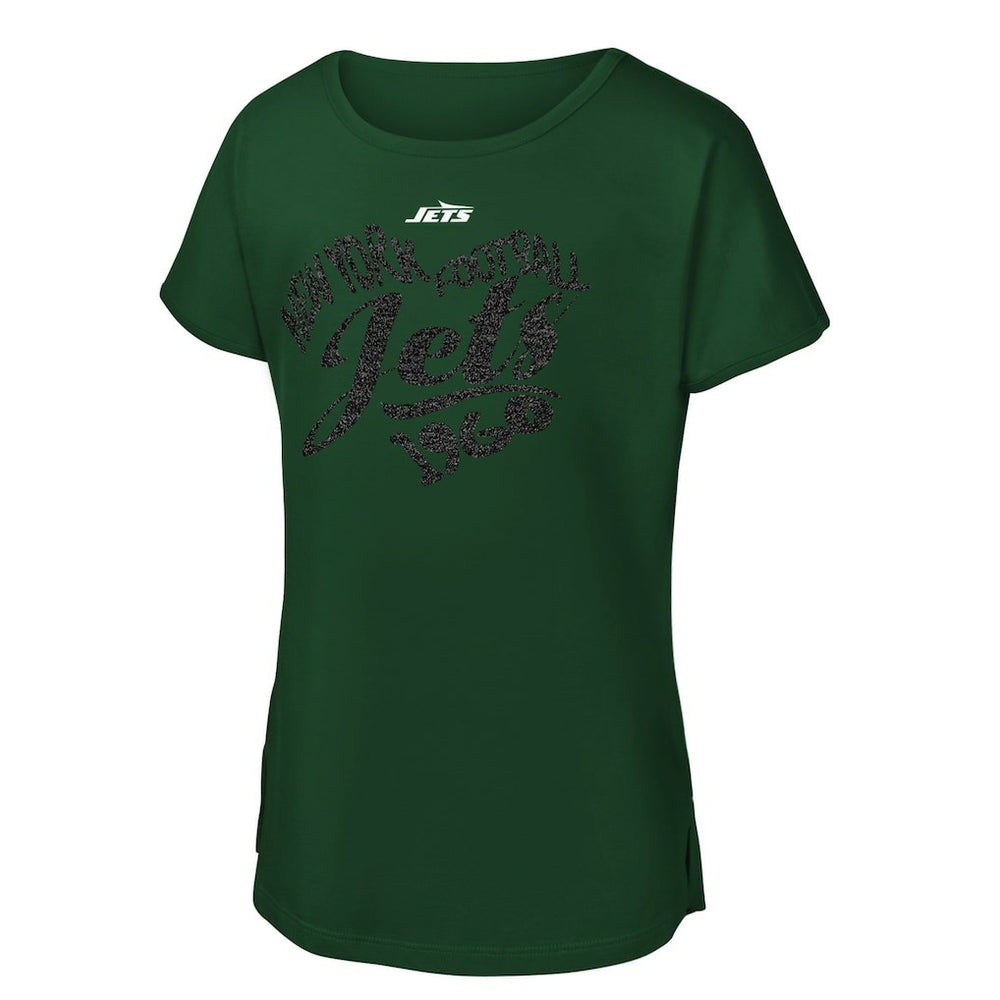 New York Jets Girls Youth Script Heart Dolman T-Shirt - Green for sale