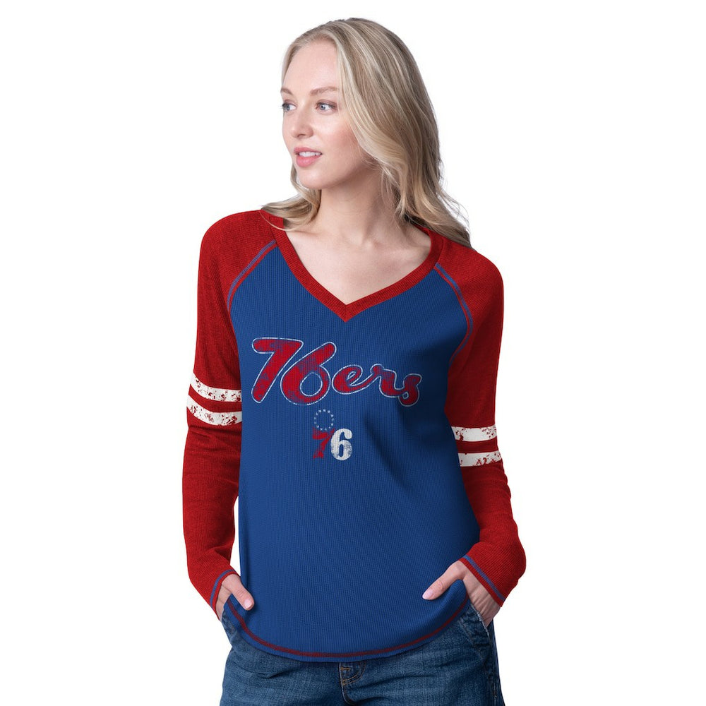 Philadelphia 76ers G-III 4Her by Carl Banks Women's Winner Waffle Knit Thermal Long Sleeve Tri-Blend T-Shirt - Royal/Red online