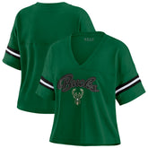 Milwaukee Bucks WEAR by Erin Andrews Women's Plus Size Color Block Boxy V-Neck T-Shirt - Hunter Green discount