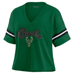 Milwaukee Bucks WEAR by Erin Andrews Women's Plus Size Color Block Boxy V-Neck T-Shirt - Hunter Green discount