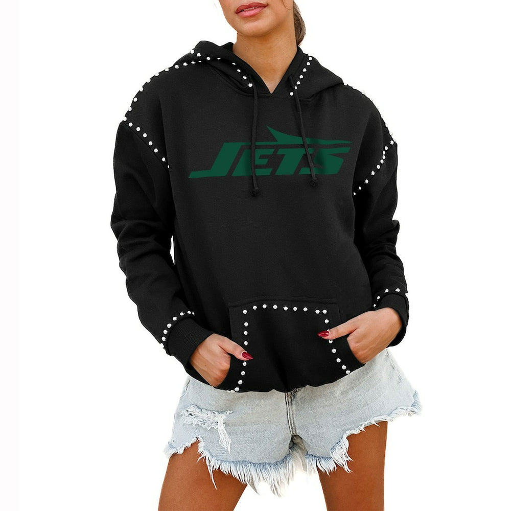 New York Jets Gameday Couture Women's Oversized Catch the Vibe Studded Pullover Hoodie - Black sale