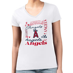 Los Angeles Angels G-III 4Her by Carl Banks Women's Super-Slim Fit Lightweight Collage Team Graphic V-Neck T-Shirt - White