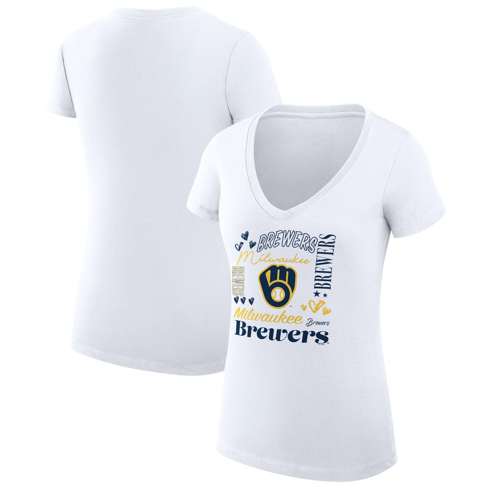 Milwaukee Brewers G-III 4Her by Carl Banks Women's Super-Slim Fit Lightweight Collage Team Graphic V-Neck T-Shirt - White