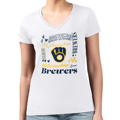 Milwaukee Brewers G-III 4Her by Carl Banks Women's Super-Slim Fit Lightweight Collage Team Graphic V-Neck T-Shirt - White