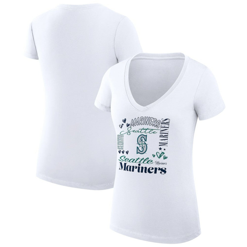 Seattle Mariners G-III 4Her by Carl Banks Women's Super-Slim Fit Lightweight Collage Team Graphic V-Neck T-Shirt - White