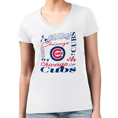 Chicago Cubs G-III 4Her by Carl Banks Women's Super-Slim Fit Lightweight Collage Team Graphic V-Neck T-Shirt - White