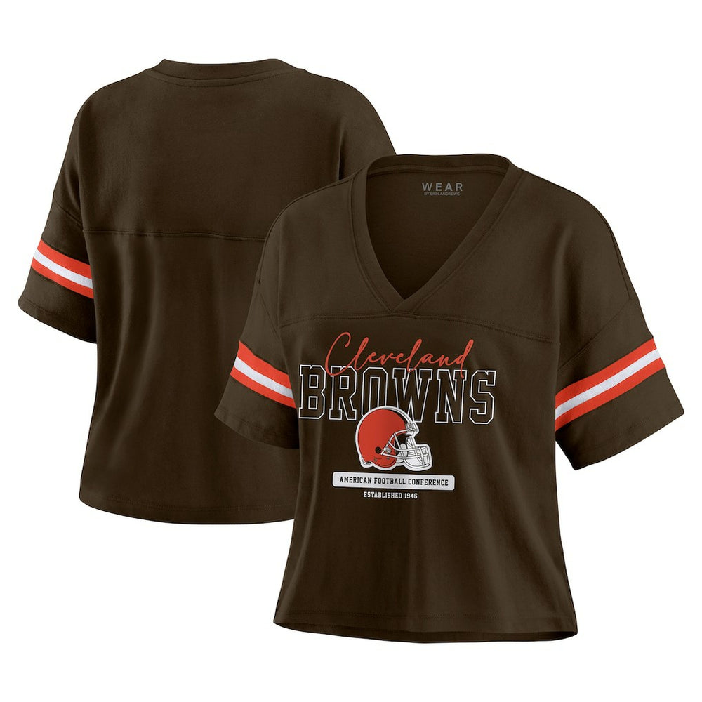 Cleveland Browns WEAR by Erin Andrews Women's Color Block Boxy Modest Crop V-Neck T-Shirt - Brown online