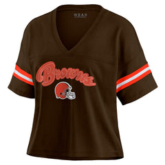 Cleveland Browns WEAR by Erin Andrews Women's Color Block Boxy Modest Crop V-Neck T-Shirt - Brown online