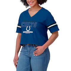 Indianapolis Colts WEAR by Erin Andrews Women's Color Block Boxy Modest Crop V-Neck T-Shirt - Royal on sale