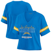 Los Angeles Chargers WEAR by Erin Andrews Women's Color Block Boxy Modest Crop V-Neck T-Shirt - Powder Blue cheap