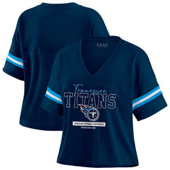Tennessee Titans WEAR by Erin Andrews Women's Color Block Boxy Modest Crop V-Neck T-Shirt - Navy online