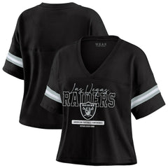 Las Vegas Raiders WEAR by Erin Andrews Women's Color Block Boxy Modest Crop V-Neck T-Shirt - Black for sale